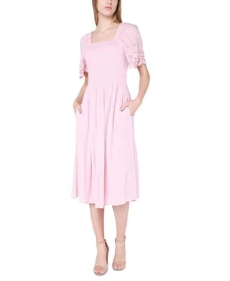 Women's Eyelet-Sleeve Smocked Midi Dress