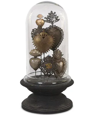 Tin Sacred Hearts on Wood Pedestal with Glass Cloche