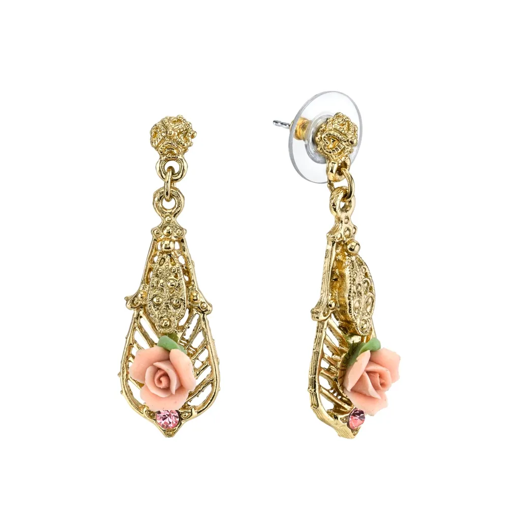 2028 Gold-Tone Pink Porcelain Rose with Pink Accent Drop Earrings