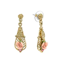 2028 Gold-Tone Pink Porcelain Rose with Pink Accent Drop Earrings