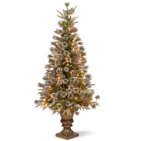 National Tree 4' "Feel Real" Liberty Pine Entrance Tree w Snow & Pine Cones in Bronze Plastic Pot w Clear Lights