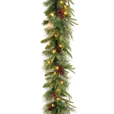 National Tree 9'x10" "Feel Real" Colonial Garland with Berries, Cones and 50 Clear Lights