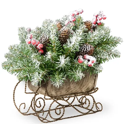 National Tree Company 10" Dunhill Fir Sleigh with Snow, Berries and Cones