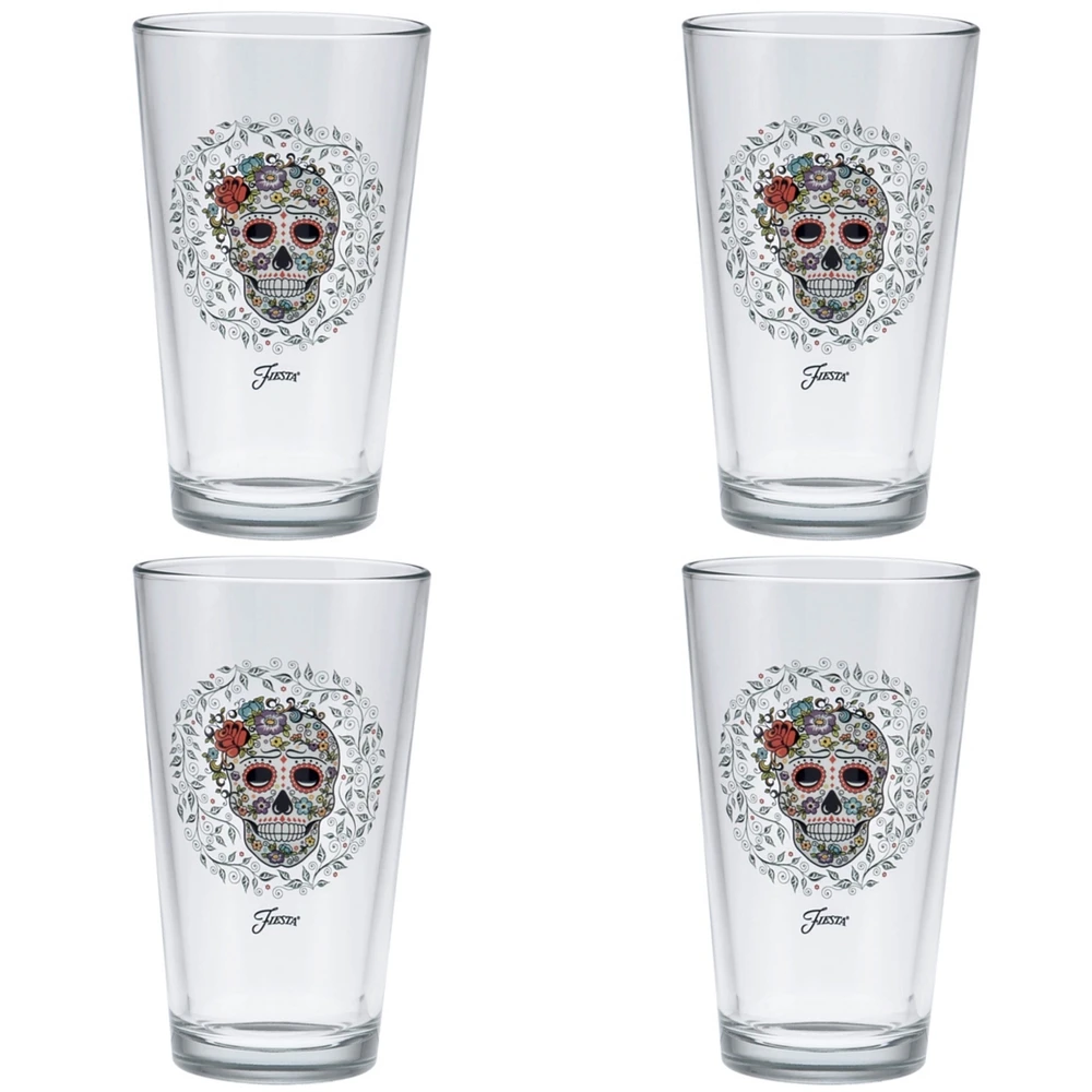 Fiesta Skull and Vine Sugar 16-Ounce Tapered Cooler Glass Set of 4