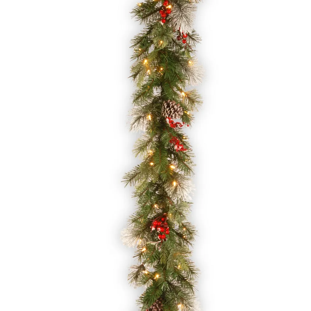 National Tree Company 9' Feel Real Wintry Berry Collection Garlands with Big Pine Cones, Red Berries & Snowy Bristle with 70 Clear Lights