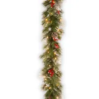 National Tree Company 9' Feel Real Wintry Berry Collection Garlands with Big Pine Cones, Red Berries & Snowy Bristle with 70 Clear Lights