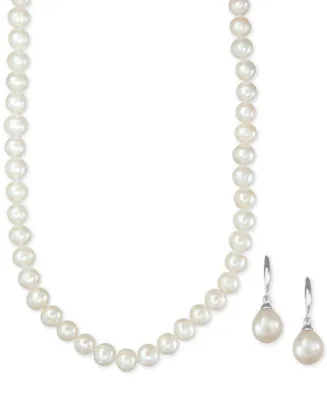 Cultured Freshwater Pearl Necklace (7-7 1/2mm) and Drop Earrings (7x9mm) Set Sterling Silver