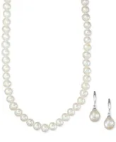 Cultured Freshwater Pearl Necklace (7-7 1/2mm) and Drop Earrings (7x9mm) Set Sterling Silver