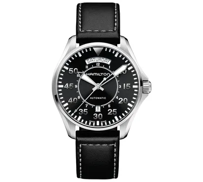 Hamilton Men's Swiss Automatic Khaki Pilot Black Leather Strap Watch 42mm