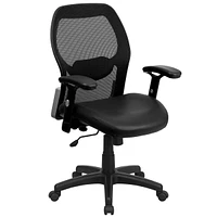 Mid-Back Black Super Mesh Executive Swivel Chair With Leather Seat And Adjustable Arms, Black Bonded Leather