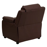 Deluxe Padded Contemporary Brown Leather Kids Recliner With Storage Arms