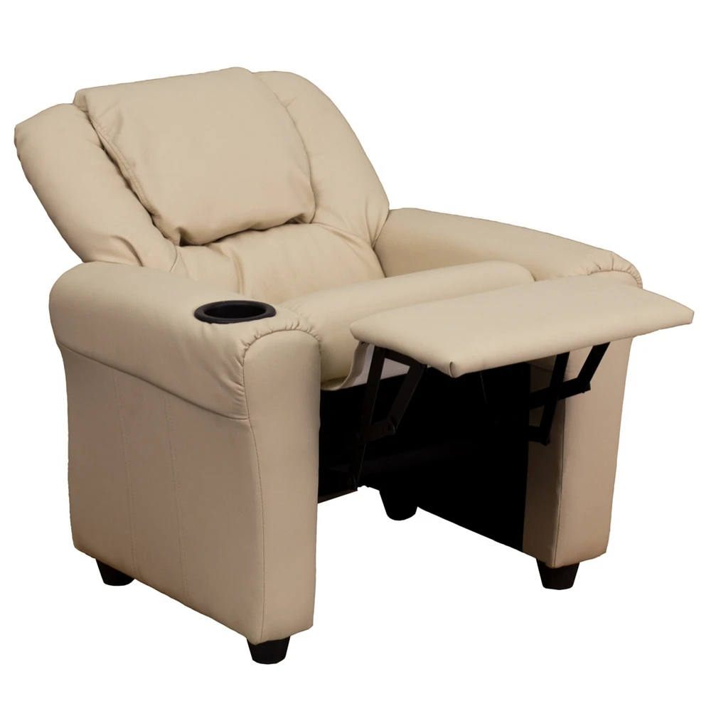 Contemporary Beige Vinyl Kids Recliner With Cup Holder And Headrest