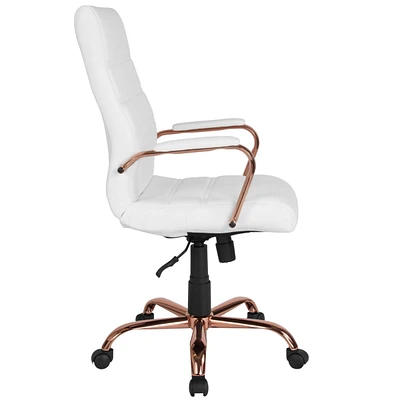 High Back Leather Executive Swivel Chair With Rose Gold Frame And Arms