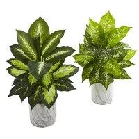 Nearly Natural Dieffenbachia Artificial Plant in Marble Finish Planter, Set of 2