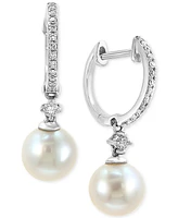 Effy Cultured Freshwater Pearl (7mm) & Diamond (1/6 ct. t.w.) Hoop Drop Earrings in 14k White Gold