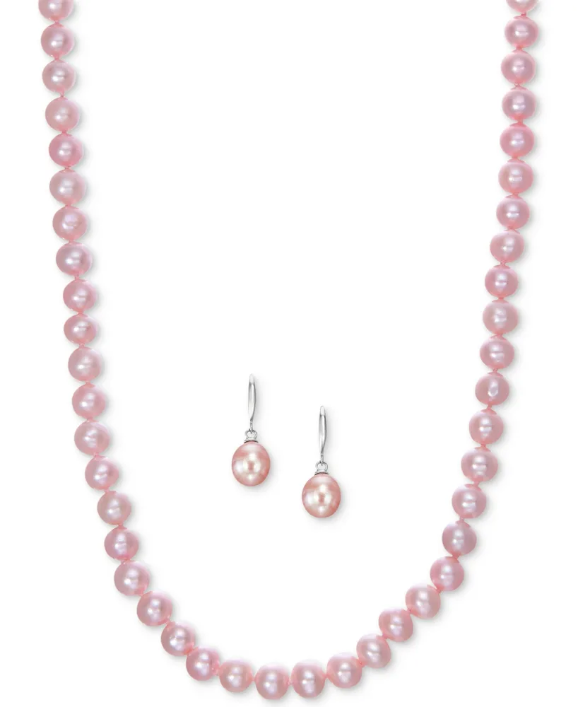 Cultured Freshwater Pearl Necklace (7-7 1/2mm) and Drop Earrings (7x9mm) Set Sterling Silver