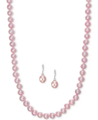 Cultured Freshwater Pearl Necklace (7-7 1/2mm) and Drop Earrings (7x9mm) Set Sterling Silver