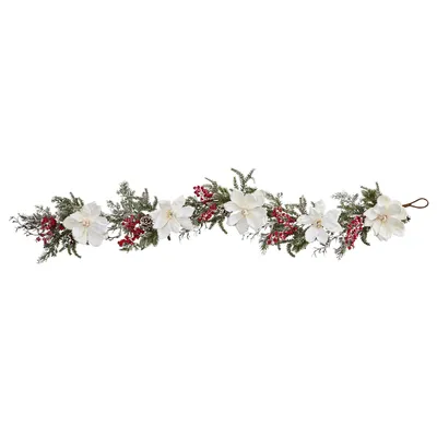 Nearly Natural 60" Frosted Magnolia & Berry Artificial Garland