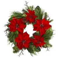 Nearly Natural 28" Poinsettia & Pine Wreath