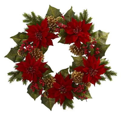 Nearly Natural 24" Poinsettia, Berry & Pine Cone Artificial Wreath