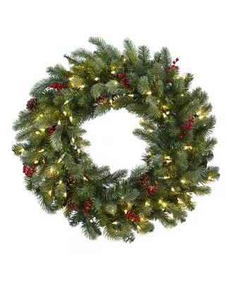 Nearly Natural 30" Lighted Pine Wreath w/ Berries and Pine Cones