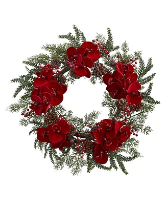 Nearly Natural 22" Orchid, Berry and Pine Holiday Wreath