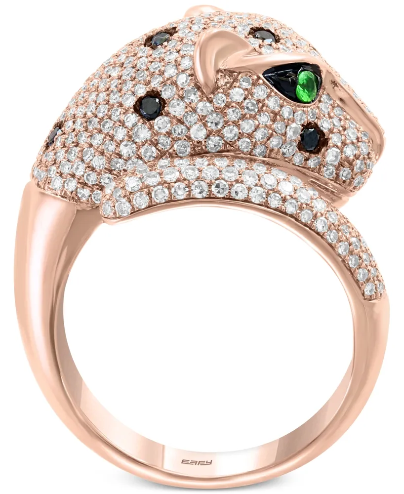 Effy Black & White Diamond (1-1/2 ct. t.w.) & Tsavorite (1/20 ct. t.w.) Signature Panther Ring in 14k Gold & Rose Gold