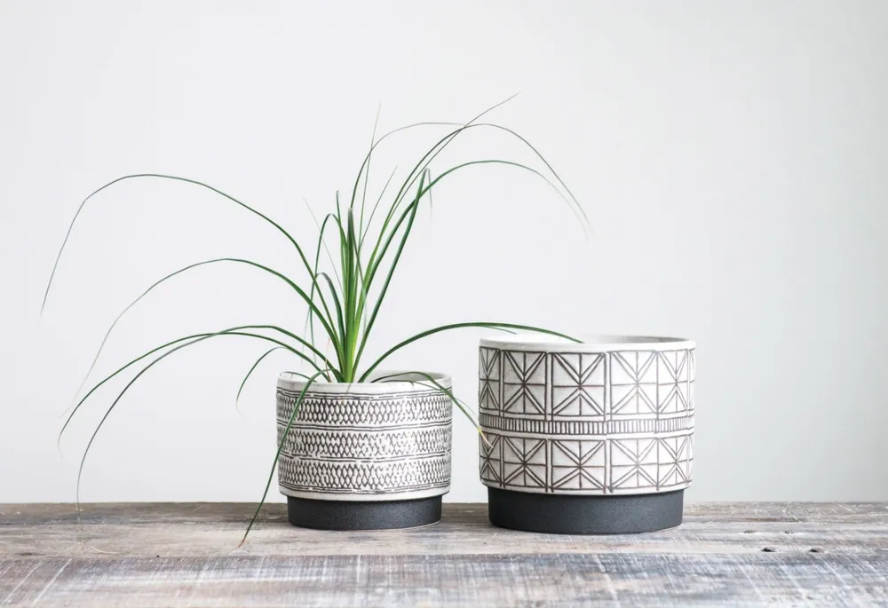 Various Round Decorative Stoneware Planters with Geometric Lines, Brown and White, Set of 2