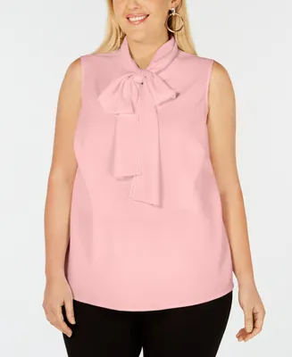 Bar Iii Trendy Plus Size Bow-Neck Blouse, Created for Macy's