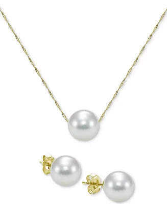 2-Pc. Set Akoya Cultured Pearl (7mm) Pendant Necklace & Stud Earrings in 14k Gold