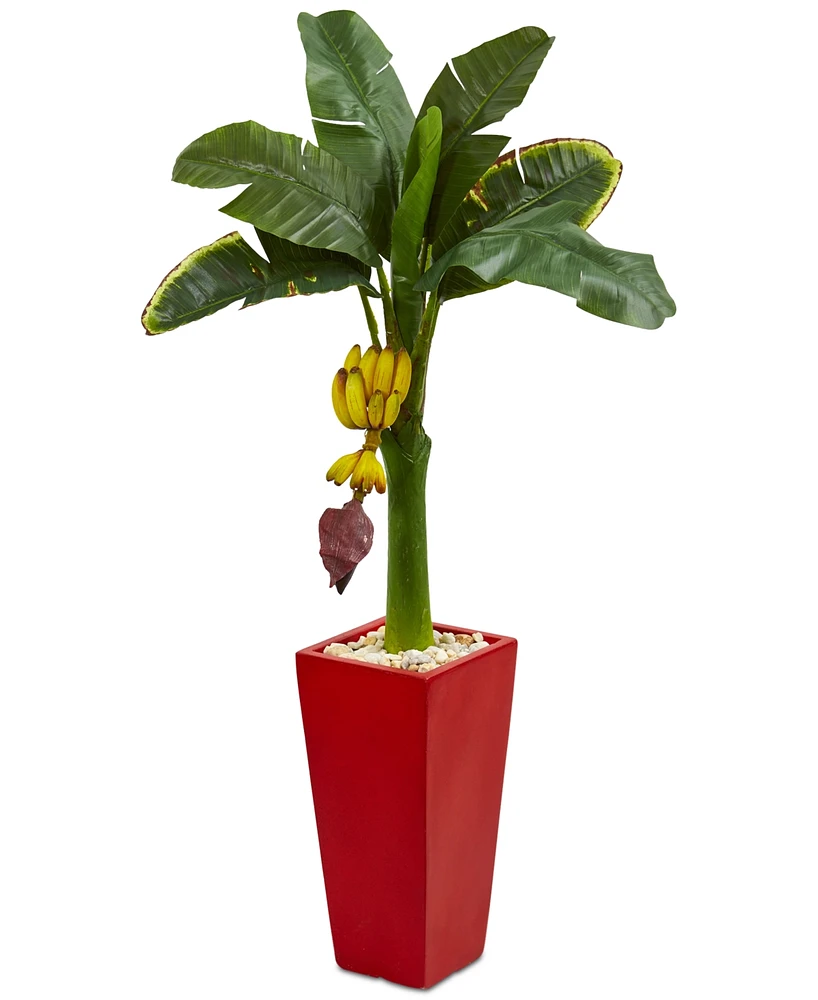 Nearly Natural 4' Banana Artificial Tree in Red Tower Planter