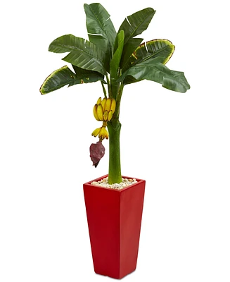 Nearly Natural 4' Banana Artificial Tree in Red Tower Planter