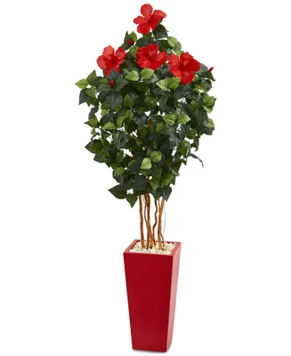 Nearly Natural 5.5' Hibiscus Artificial Tree in Red Tower Planter