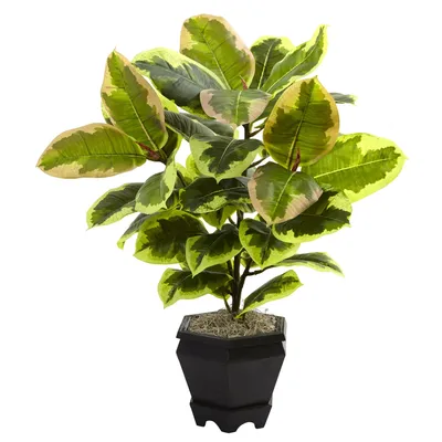 Nearly Natural 22" Variegated Rubber Leaf Plant w/ Wood Planter
