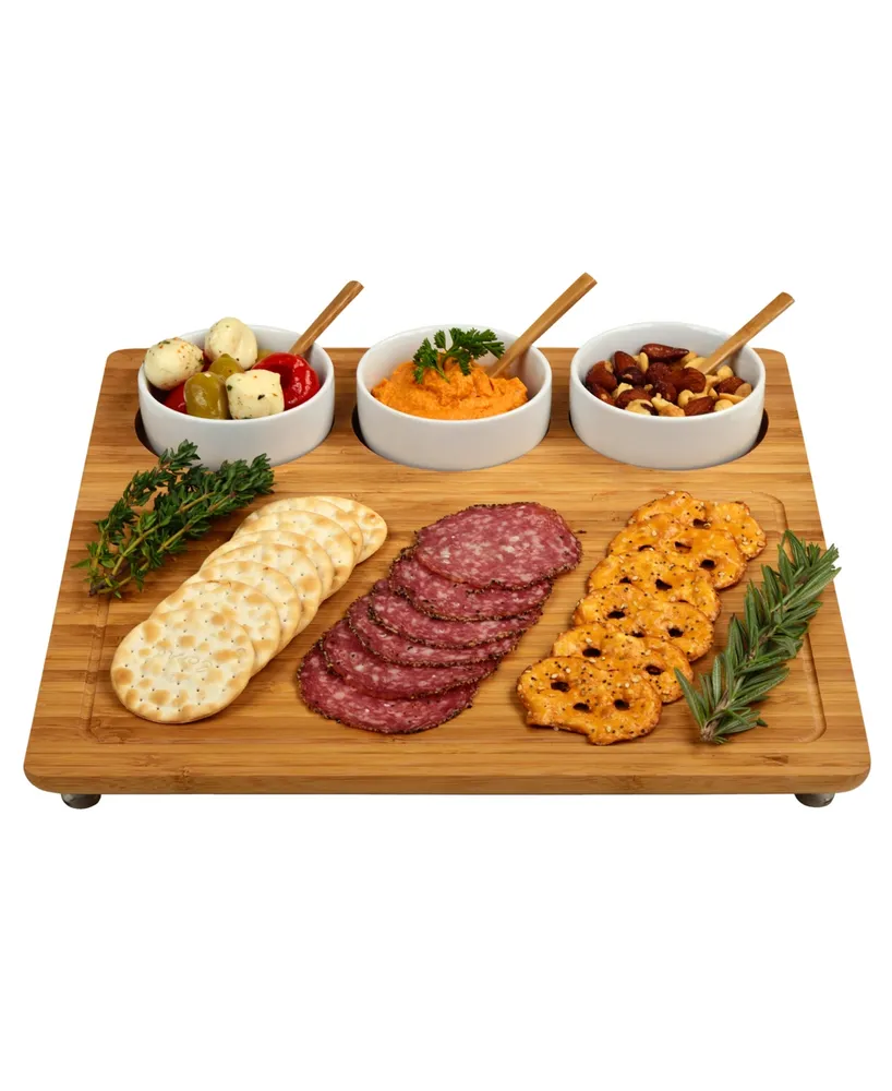 Picnic at Ascot Entertainer Bamboo Cheese Board Platter with 3 Ceramic Bowls