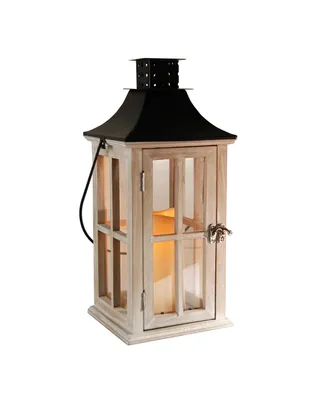 Lumabase White Washed Wooden Lantern with Black Roof and Led Candle