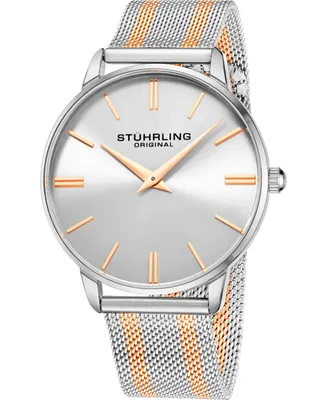 Stuhrling Men's Rose Gold, Silver Tone Mesh Stainless Steel Bracelet Watch 42mm