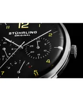 Stuhrling Original Men's Quartz Watch, Silver Case, Black Dial, Beige Genuine Leather Strap