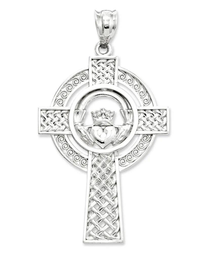 14k White Gold Charm, Celtic Claddagh Cross Charm