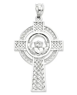 14k White Gold Charm, Celtic Claddagh Cross Charm