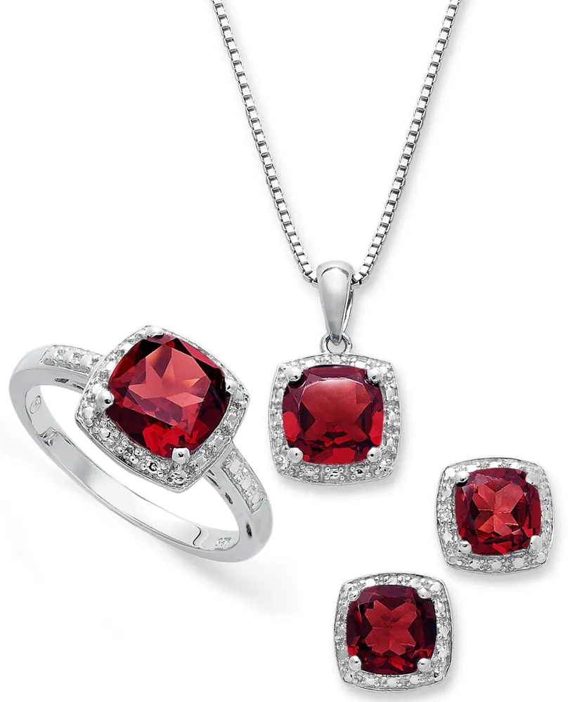 Sterling Silver Jewelry Set, Garnet (4-3/4 ct. t.w.) and Diamond Accent Necklace, Earrings Ring Set