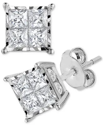 Trumiracle Diamond Princess Cluster Stud Earrings In 14k Gold