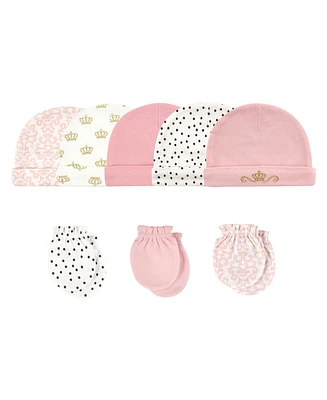 Hudson Baby Girls Cotton Cap and Scratch Mitten 8pc Set, Crown, 0-6 Months