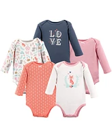 Hudson Baby Girls Cotton Long-Sleeve Bodysuits 5pk, Woodland Fox, 9-12 Months