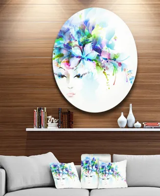 Designart 'Woman With Blue Flowers' Floral Circle Metal Wall Art - 23" x 23"