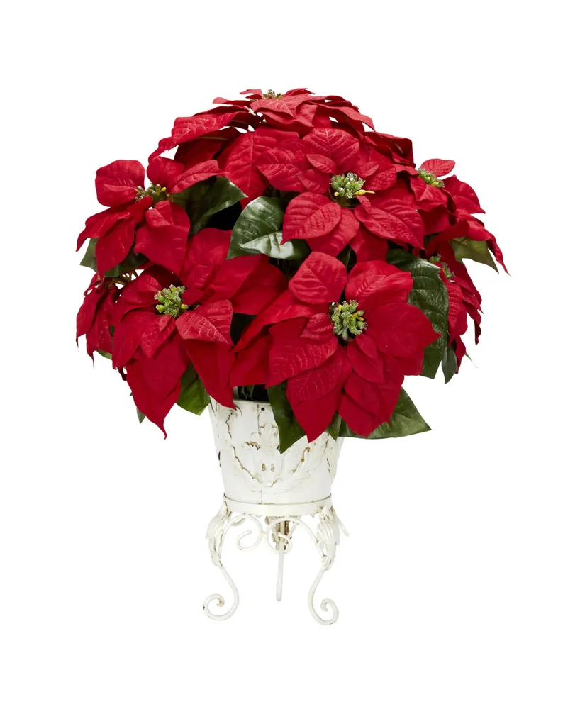 Nearly Natural Poinsettia w/Metal Planter Silk Flower Arrangement