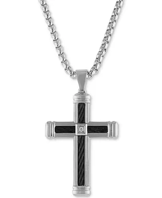 Esquire Men's Jewelry Diamond Accent Cross 22" Pendant Necklace in Stainless Steel & Black Ion-Plate, Created for Macy's