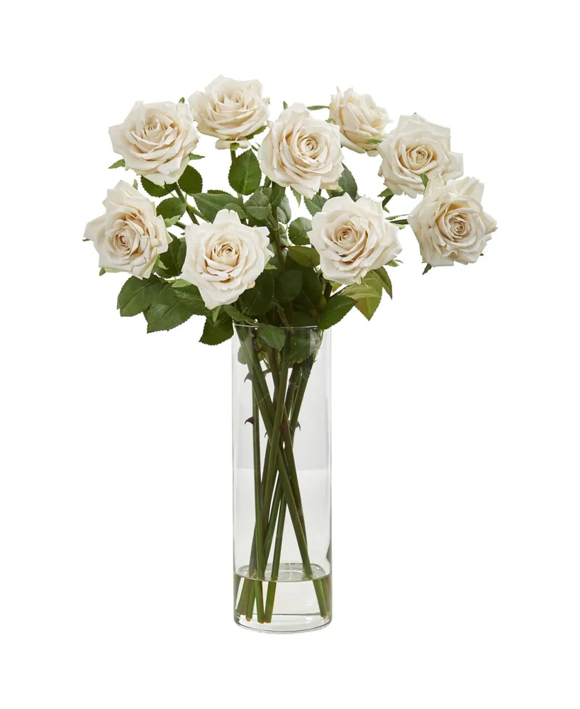 Nearly Natural Rose Artificial Arrangement Cylinder Vase