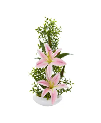 Nearly Natural Lily and Boxwood Artificial Arrangement in White Planter