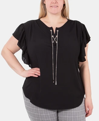 Ny Collection Plus Size Lace-Up Flutter-Sleeve Top